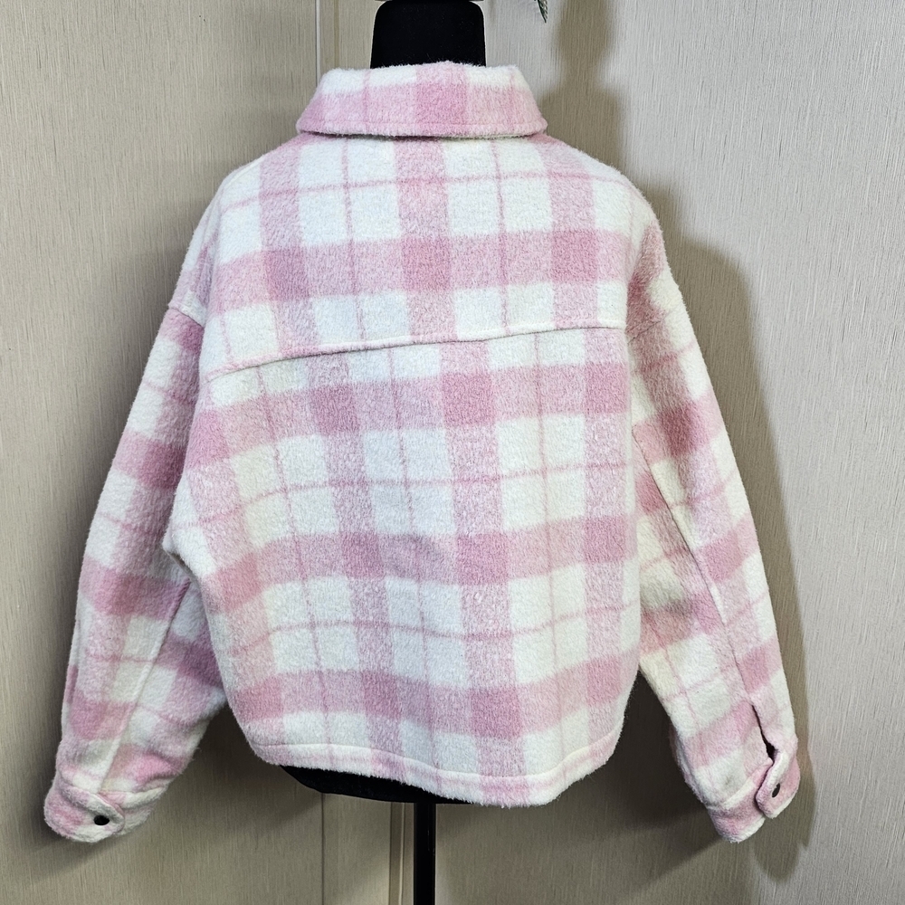 Lyn Burches Pink White Plaid Fuzzy Sherpa Shacket Cropped Boxy Jacket M - Picture 6 of 15